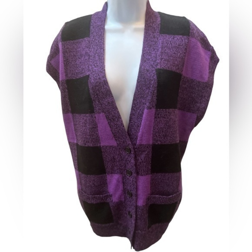 Vintage 80s Knit Vest Checked Purple Black Medium Oversized Buttons Pockets Fall